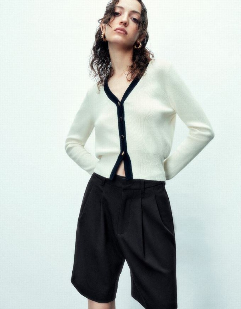White Urban Revivo Cashmere V-Neck Knitted Women's Cardigan | KREJGY-649
