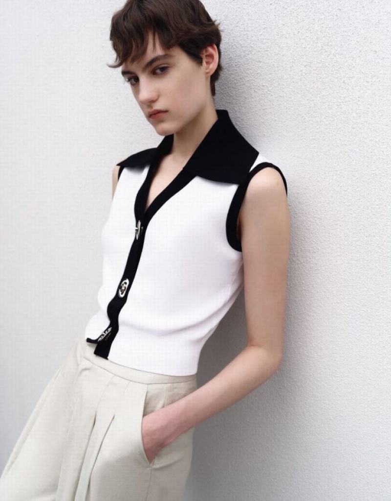 White Urban Revivo Contrast Lapel Knitted Women's Cardigan | NKWORC-268