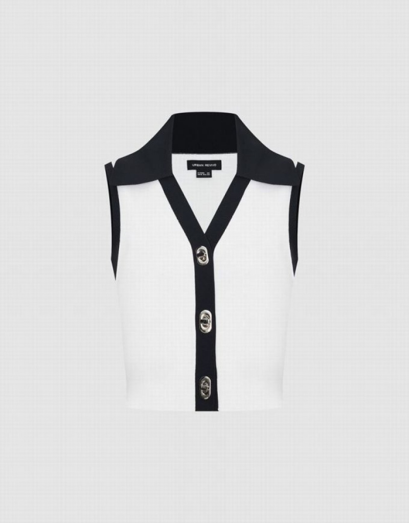 White Urban Revivo Contrast Lapel Knitted Women's Cardigan | NKWORC-268