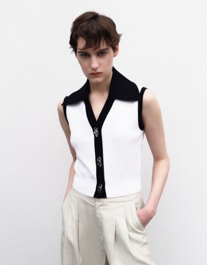 White Urban Revivo Contrast Lapel Knitted Women\'s Cardigan | NKWORC-268