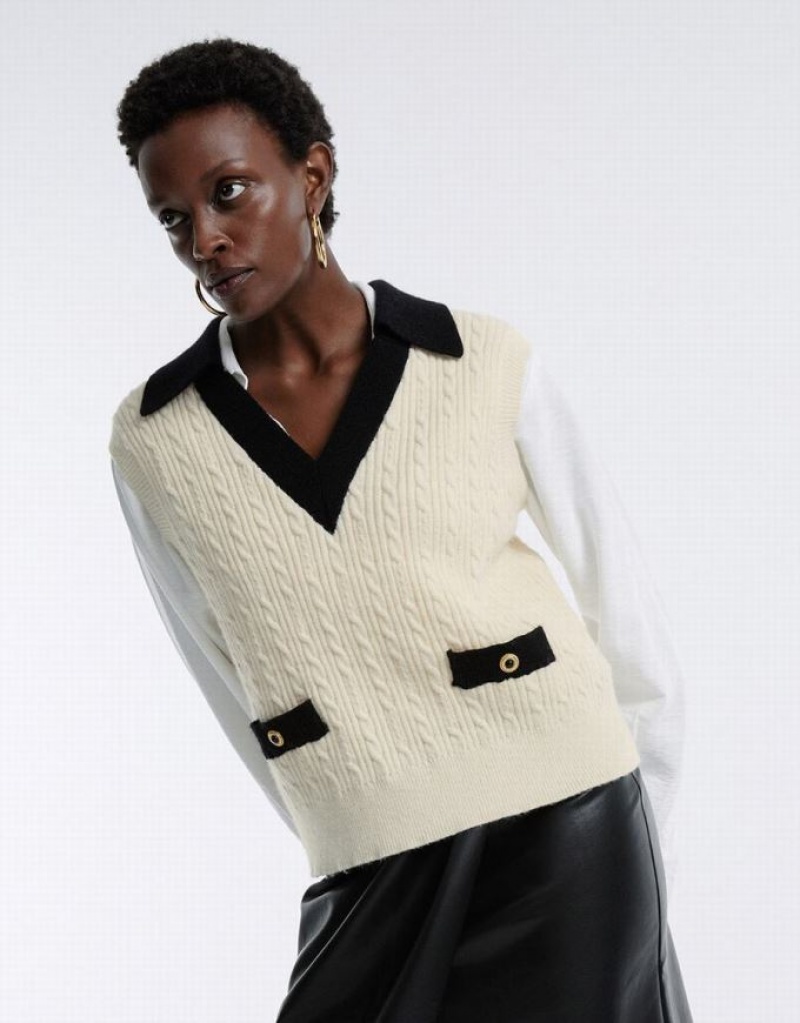 White Urban Revivo Contrast Trim Women's Sweaters | RULJDN-815