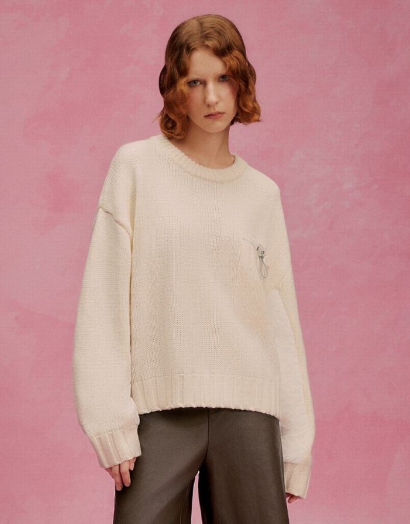White Urban Revivo Crew Neck Knitted Women\'s Cardigan | FNDGIV-950