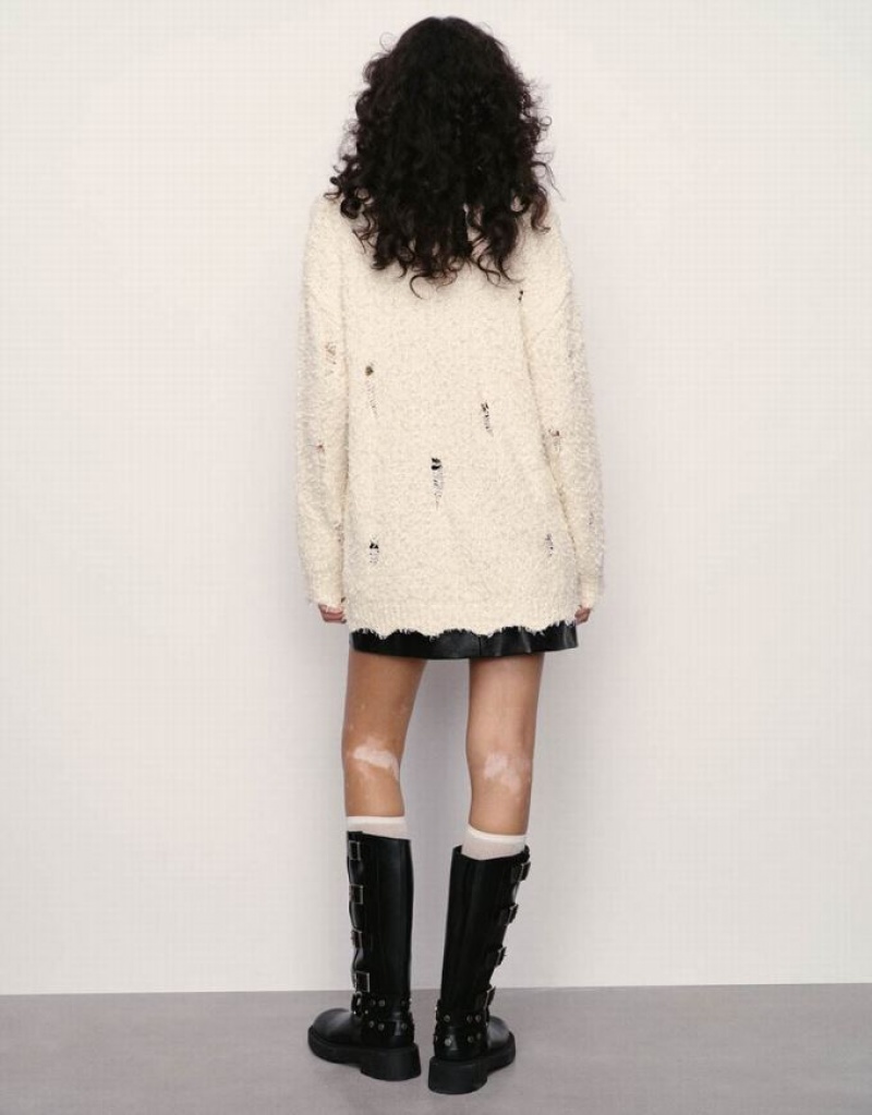 White Urban Revivo Crew Neck Knitted Women's Cardigan | PUKGYL-701