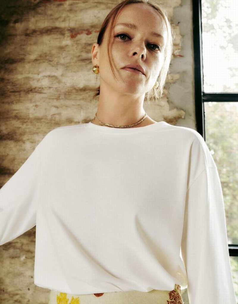 White Urban Revivo Crew Neck Loose Women's T-Shirts | HAXDUY-183