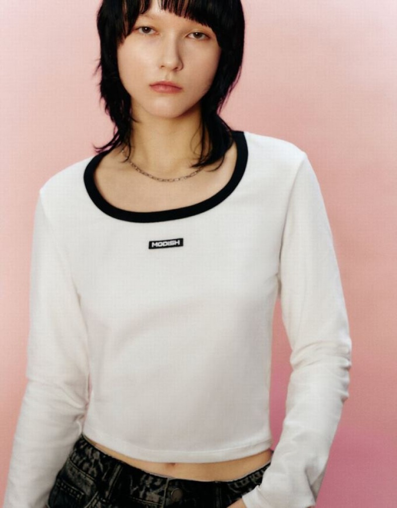 White Urban Revivo Crew Neck Skinny Women's T-Shirts | GKSUEO-507