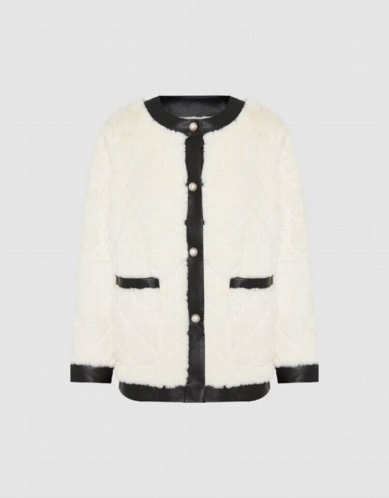 White Urban Revivo Crew Neck Straight Furry Women's Coats | GBRJVD-198