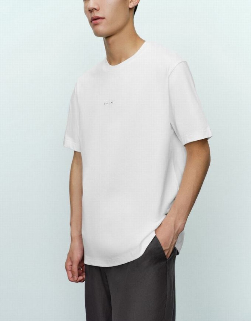 White Urban Revivo Crew Neck Straight Men's T-Shirts | WQSGOE-305