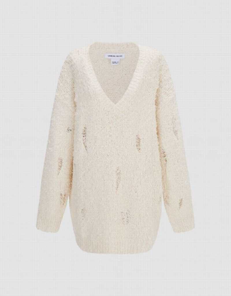 White Urban Revivo Drop Shoulder Sleeve Crew Neck Knitted Women's Cardigan | DOKVYA-024