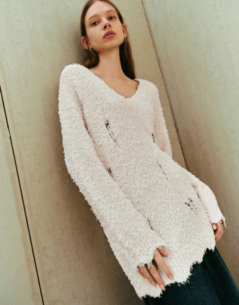 White Urban Revivo Drop Shoulder Sleeve Crew Neck Knitted Women's Cardigan | DOKVYA-024