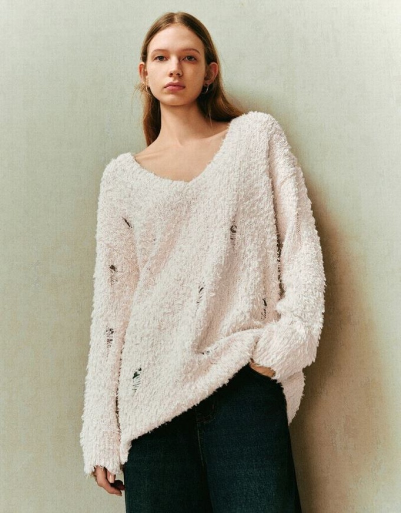 White Urban Revivo Drop Shoulder Sleeve Crew Neck Knitted Women\'s Cardigan | DOKVYA-024