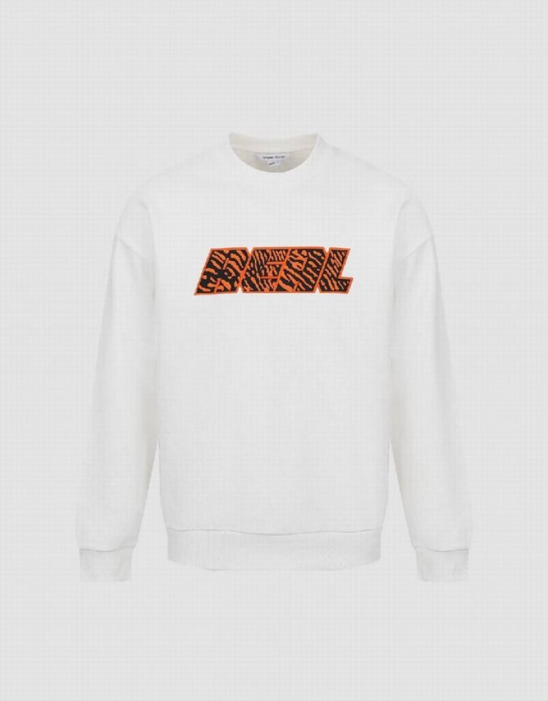 White Urban Revivo Embossed Crew Neck Men's Sweatshirts | FARKTH-458