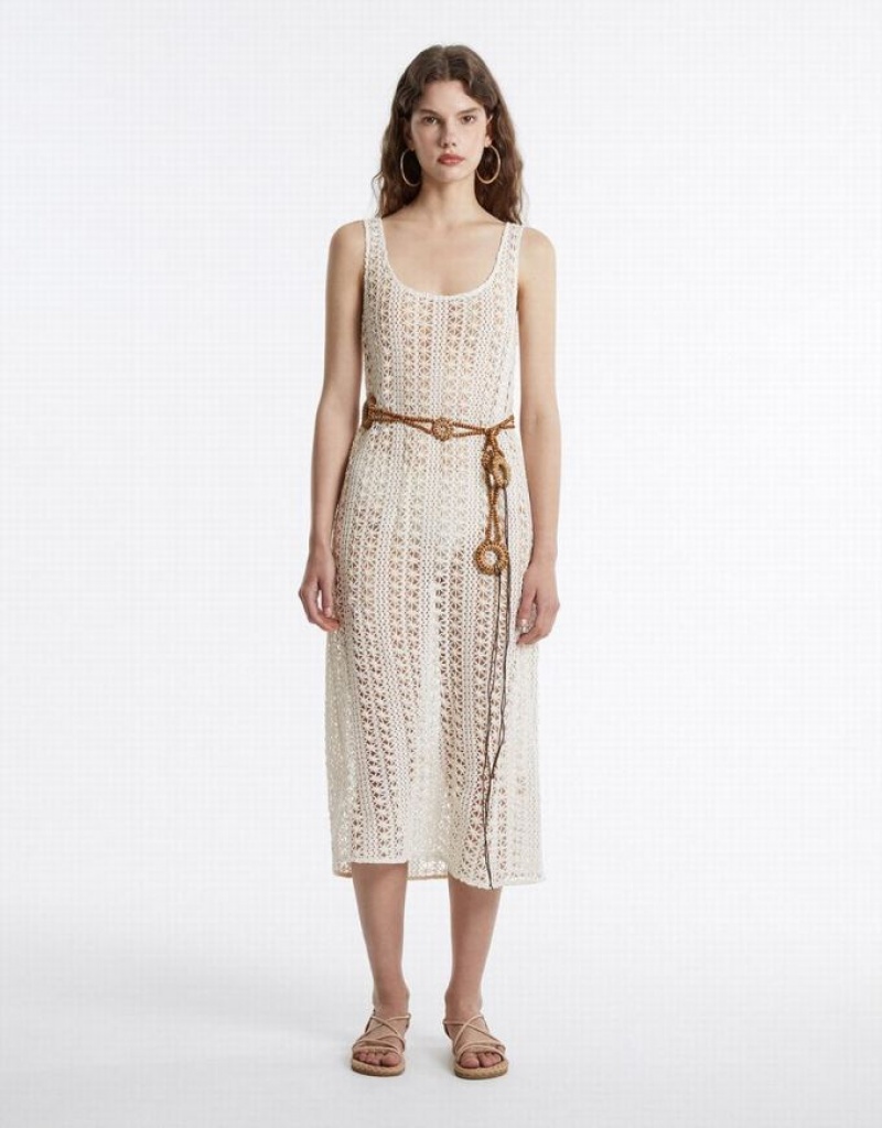 White Urban Revivo Embroidered Women's Knitted Dress | DTGWHM-703