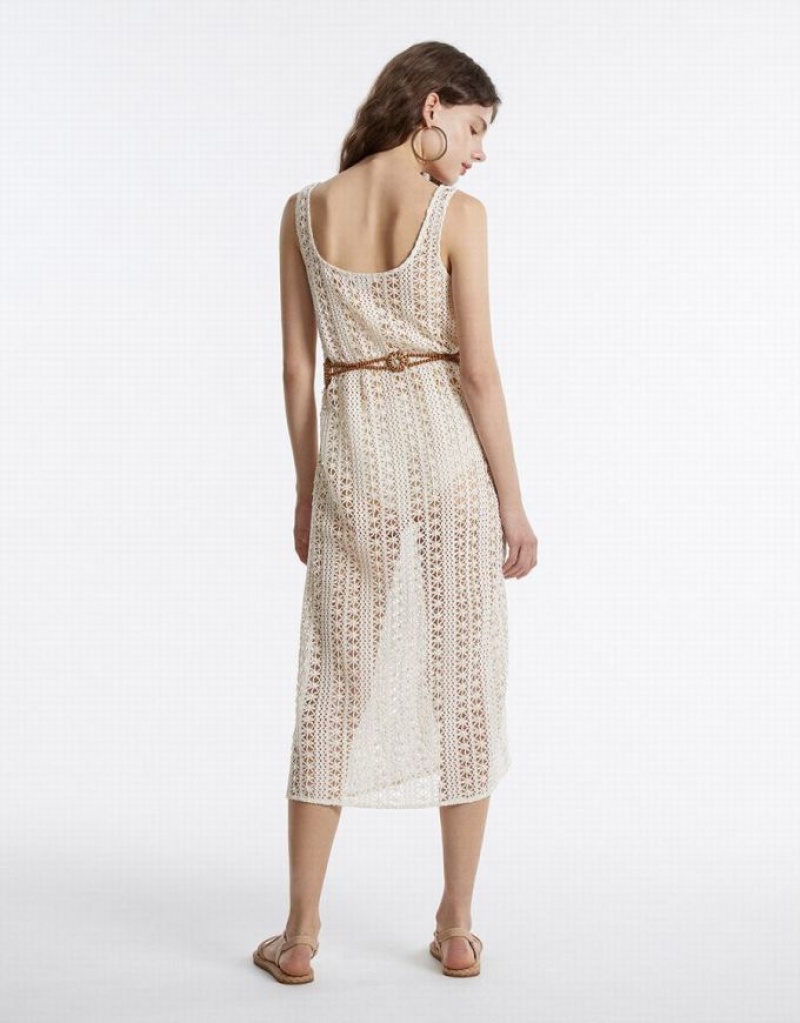 White Urban Revivo Embroidered Women's Knitted Dress | DTGWHM-703