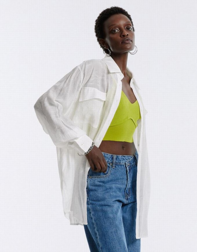 White Urban Revivo Flap Pocket Women's Shirts | UQSPOC-263