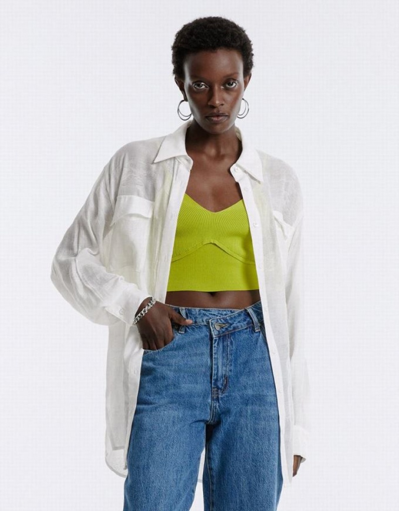 White Urban Revivo Flap Pocket Women\'s Shirts | UQSPOC-263
