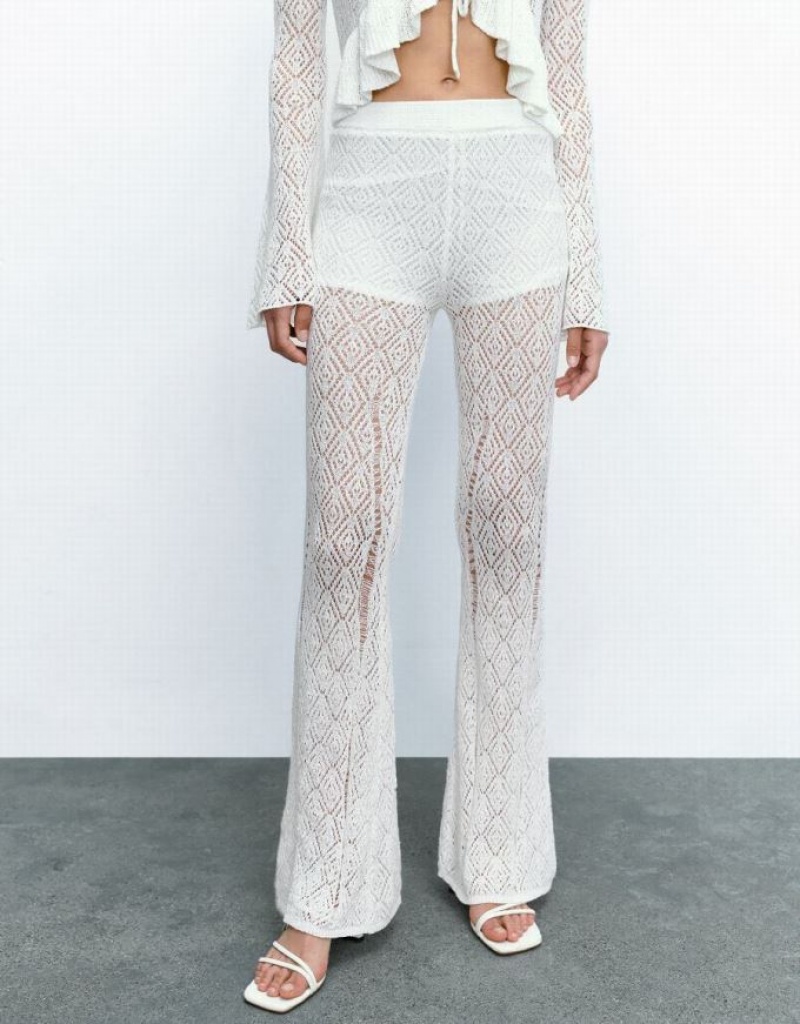 White Urban Revivo Flare Knitted Women's Pants | FWGLQX-125