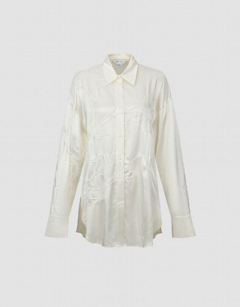 White Urban Revivo Flower Embossed Loose Women's Shirts | ZXEBPV-431