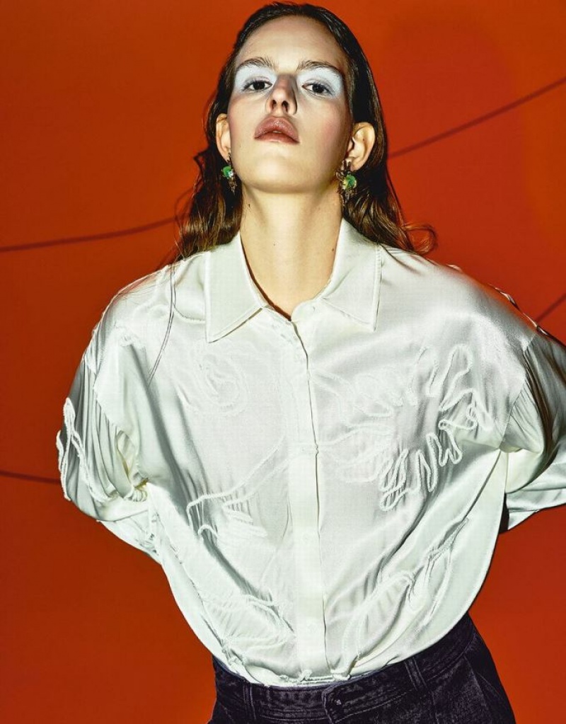 White Urban Revivo Flower Embossed Loose Women's Shirts | ZXEBPV-431