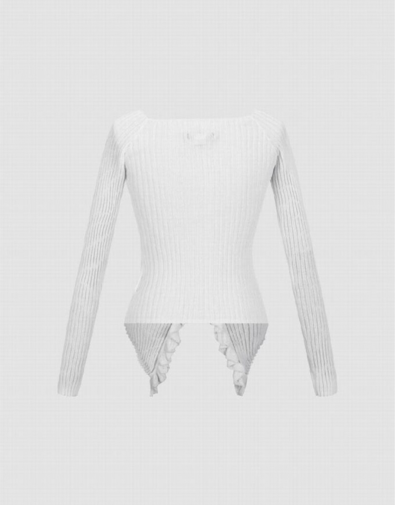 White Urban Revivo Frill Trim Knitted Women's Cardigan | EZTDUY-907