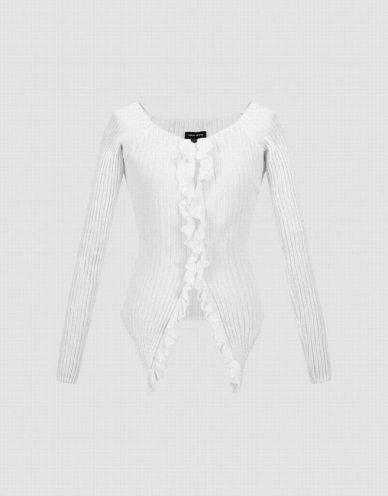White Urban Revivo Frill Trim Knitted Women\'s Cardigan | EZTDUY-907