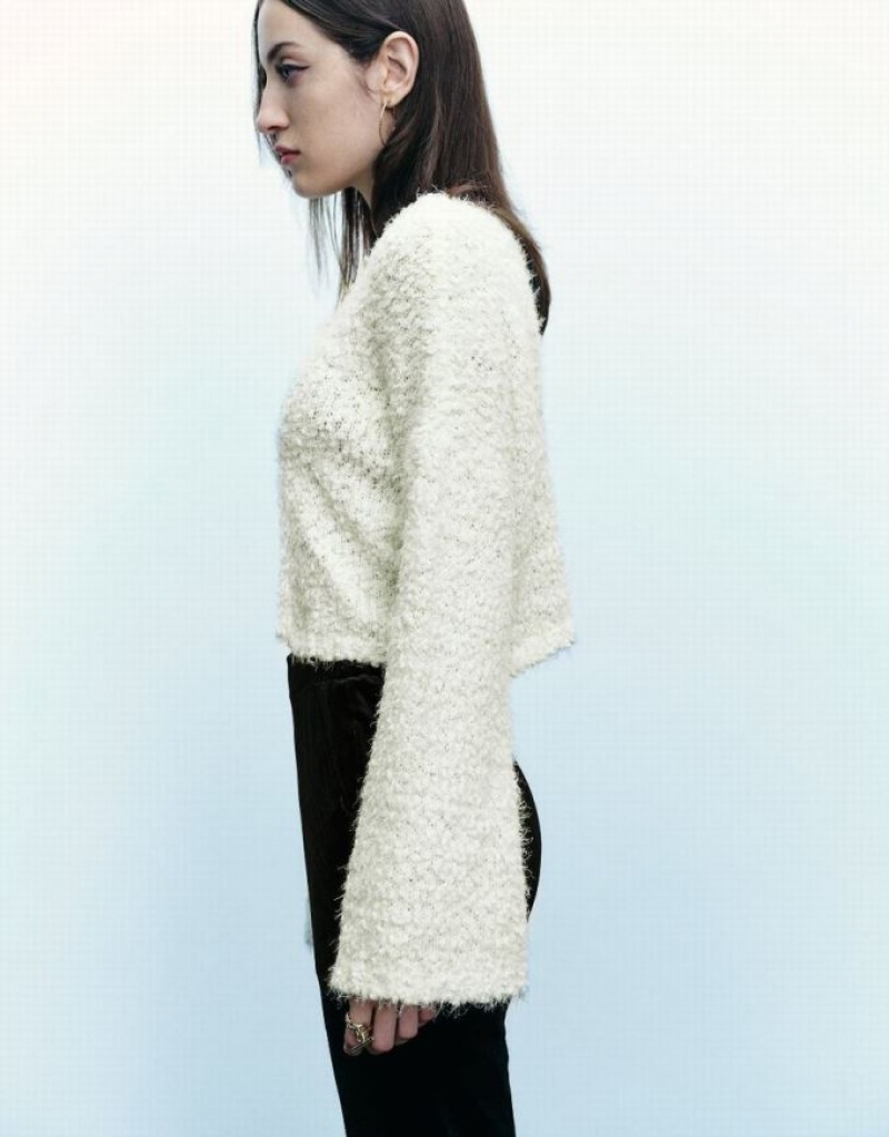 White Urban Revivo Furry Crew Neck Knitted Women's Cardigan | KPZWLA-416