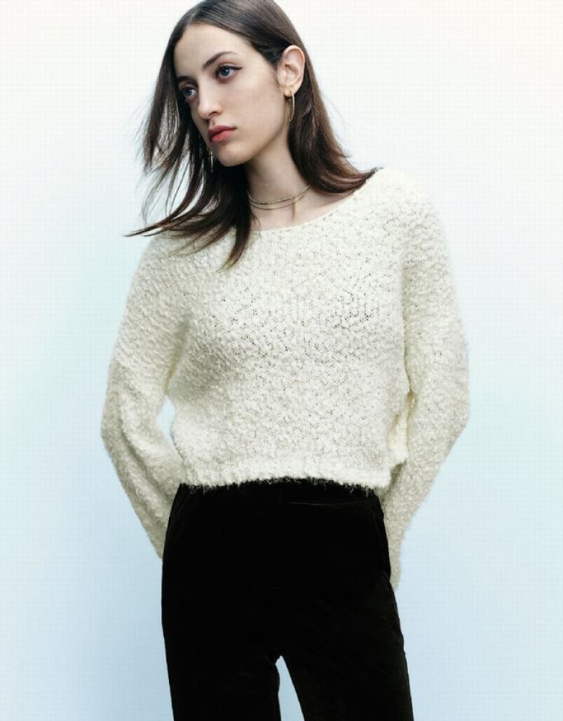 White Urban Revivo Furry Crew Neck Knitted Women\'s Cardigan | KPZWLA-416