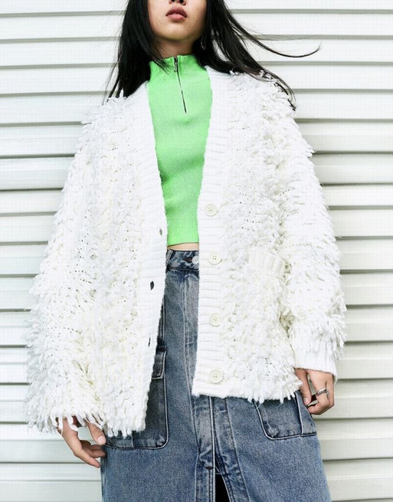 White Urban Revivo Furry V-Neck Knitted Women's Cardigan | SIRYTD-623
