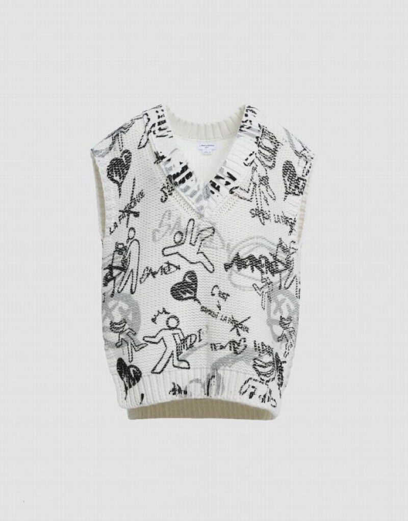 White Urban Revivo Graffiti Knitted Women's Cardigan | NRHLWX-468