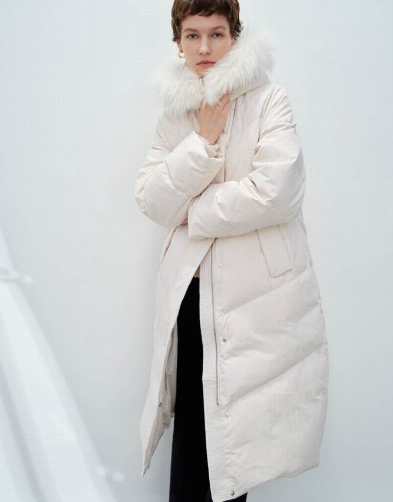 White Urban Revivo Hoodie With Furry Collar Women's Down Jackets | HSRWGU-257