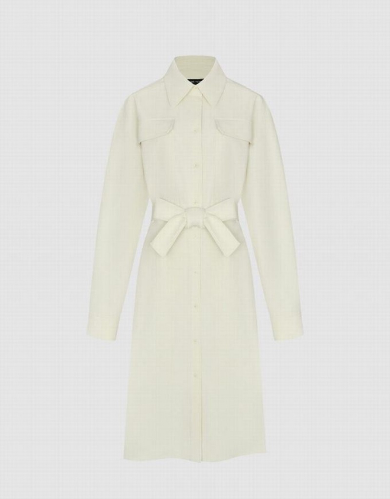 White Urban Revivo Lapel Straight With Belt Women's Dress | MDQVLH-892