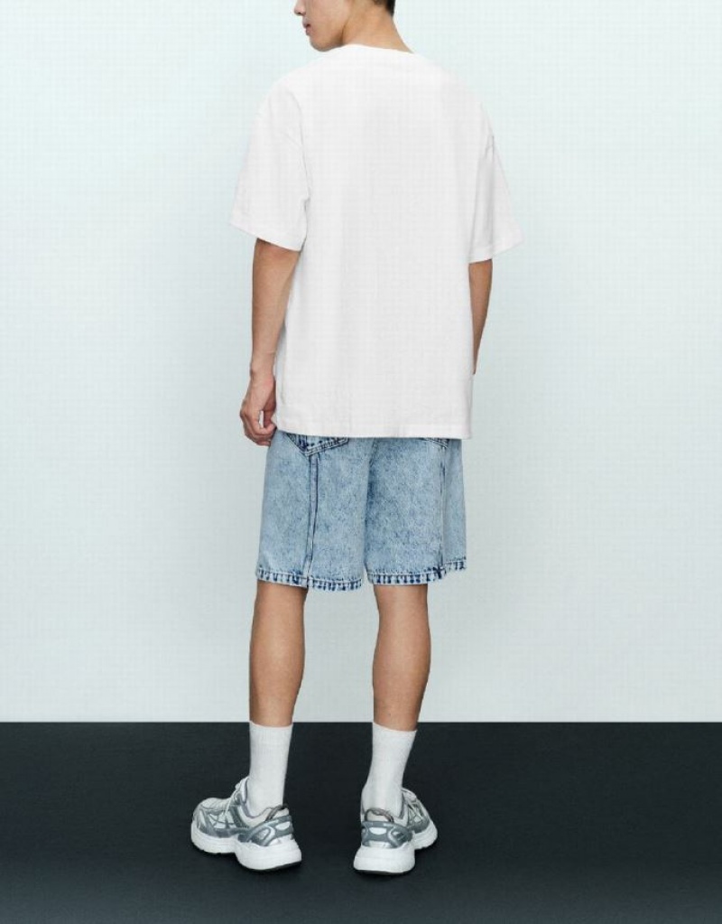 White Urban Revivo Letter Embossed Crew Neck Men's T-Shirts | PDROTX-835