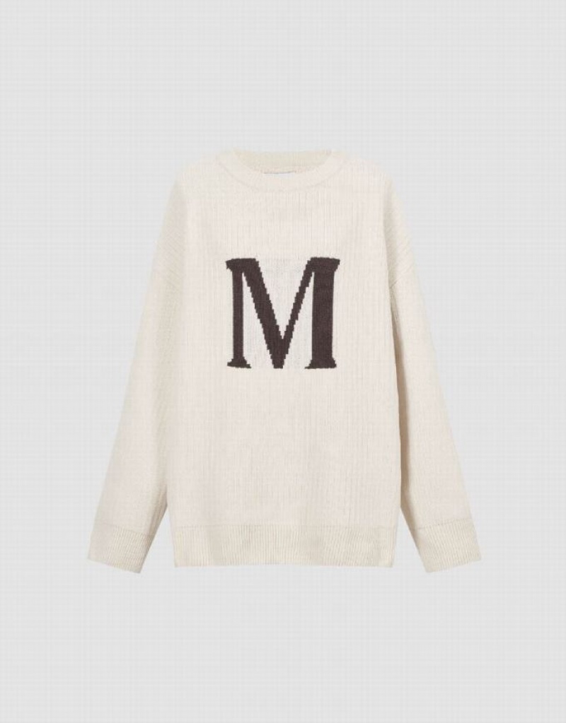 White Urban Revivo Letter Printed Crew Neck Knitted Women's Cardigan | LAIVQK-852