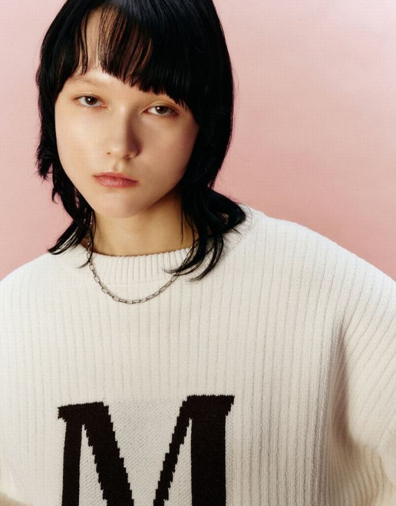 White Urban Revivo Letter Printed Crew Neck Knitted Women's Cardigan | LAIVQK-852