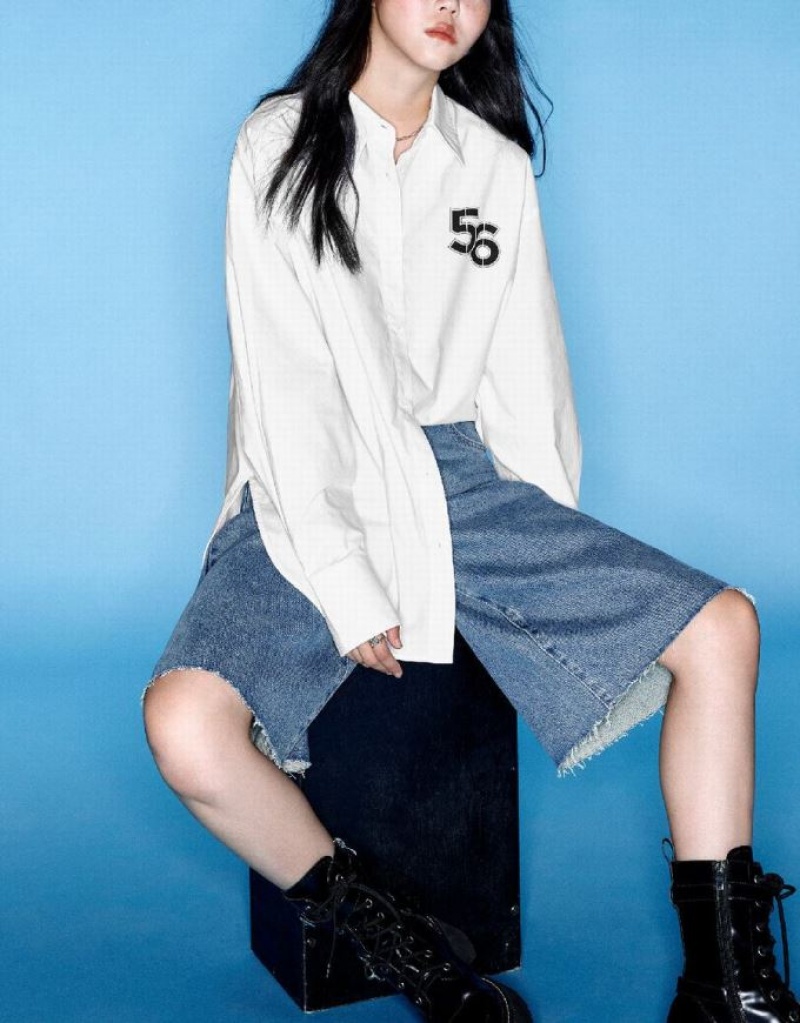 White Urban Revivo Letter Printed Lapel Women's Shirts | XUGQWD-983