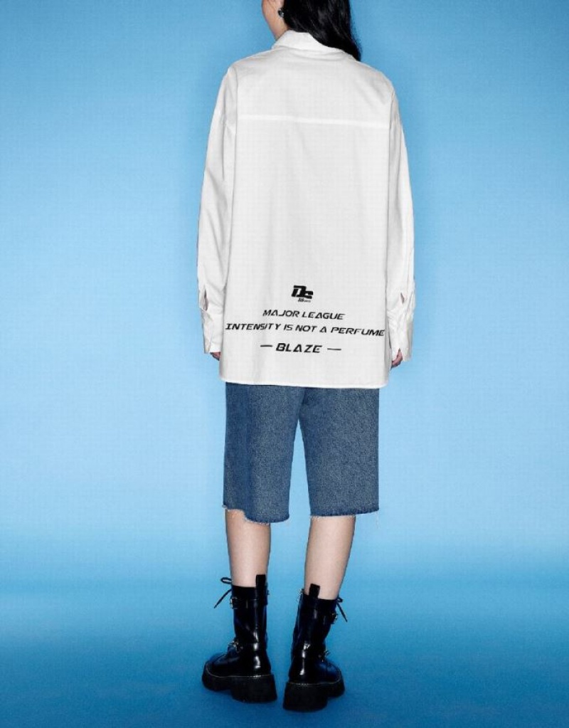 White Urban Revivo Letter Printed Lapel Women's Shirts | XUGQWD-983