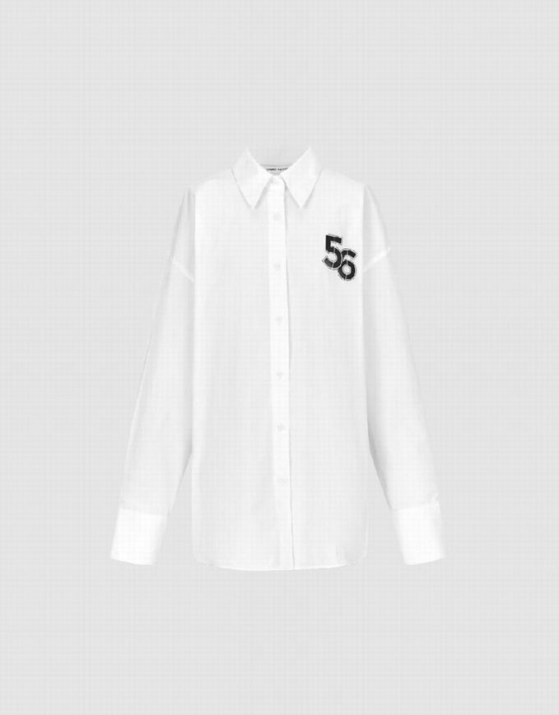 White Urban Revivo Letter Printed Lapel Women\'s Shirts | XUGQWD-983