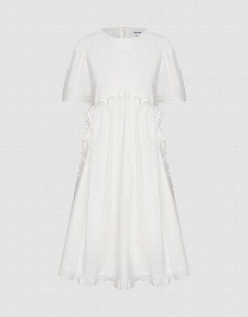 White Urban Revivo Lettuce Trim Crew Neck A-Line Women's Dress | AQOWKX-628