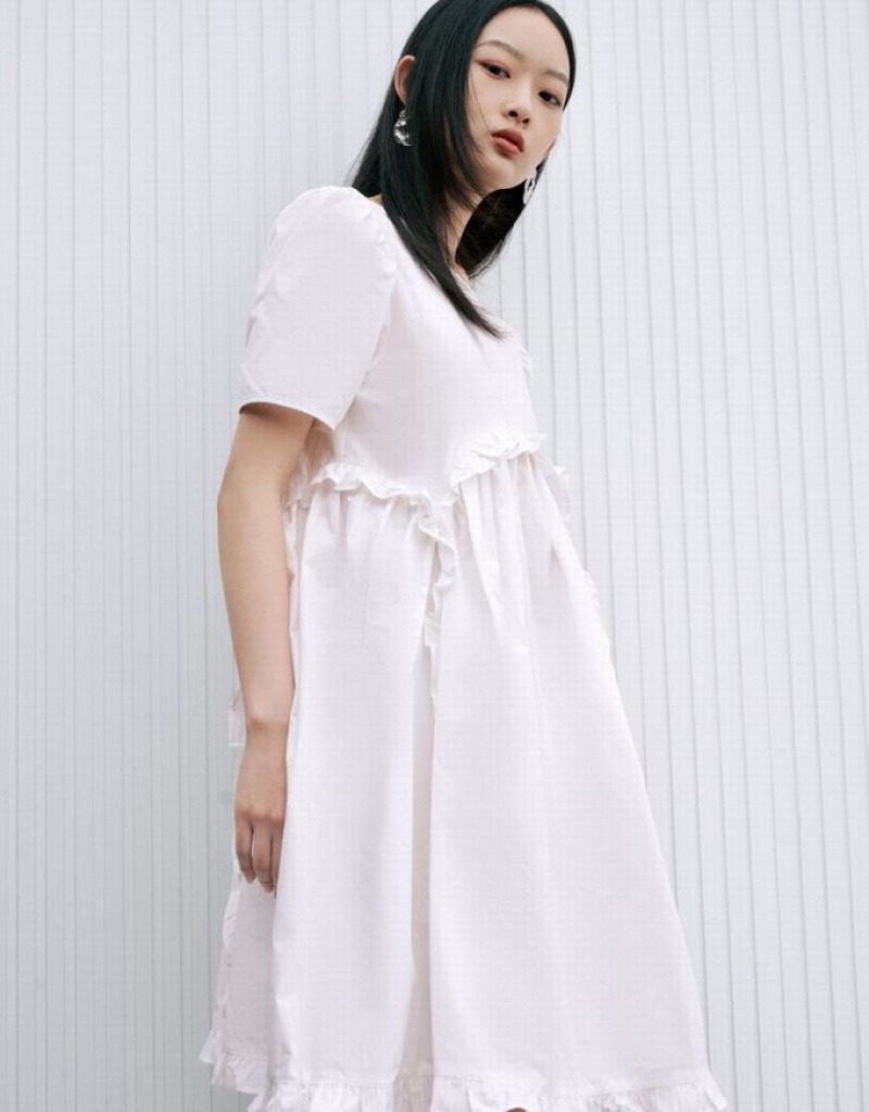White Urban Revivo Lettuce Trim Crew Neck A-Line Women's Dress | AQOWKX-628