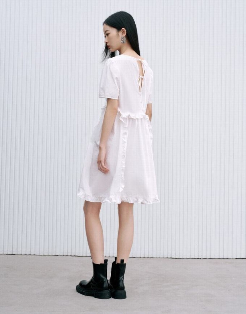 White Urban Revivo Lettuce Trim Crew Neck A-Line Women's Dress | AQOWKX-628