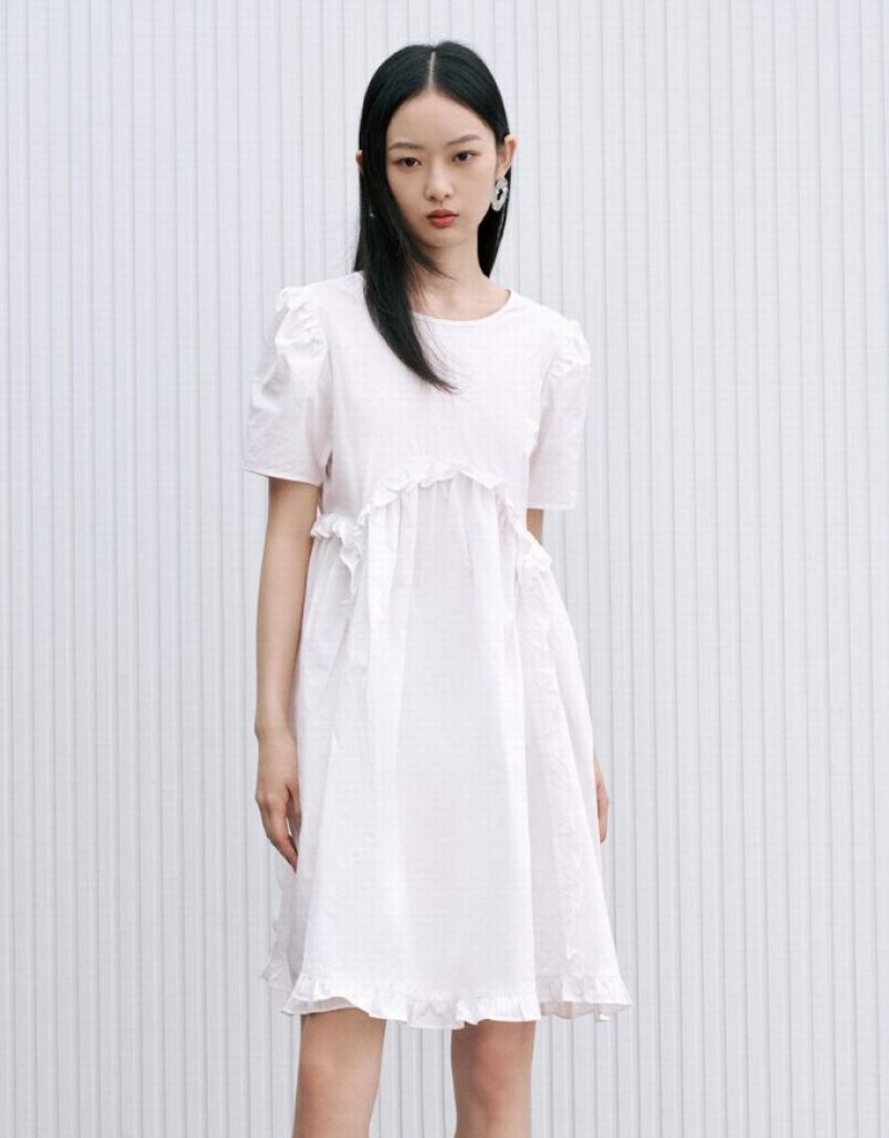 White Urban Revivo Lettuce Trim Crew Neck A-Line Women\'s Dress | AQOWKX-628