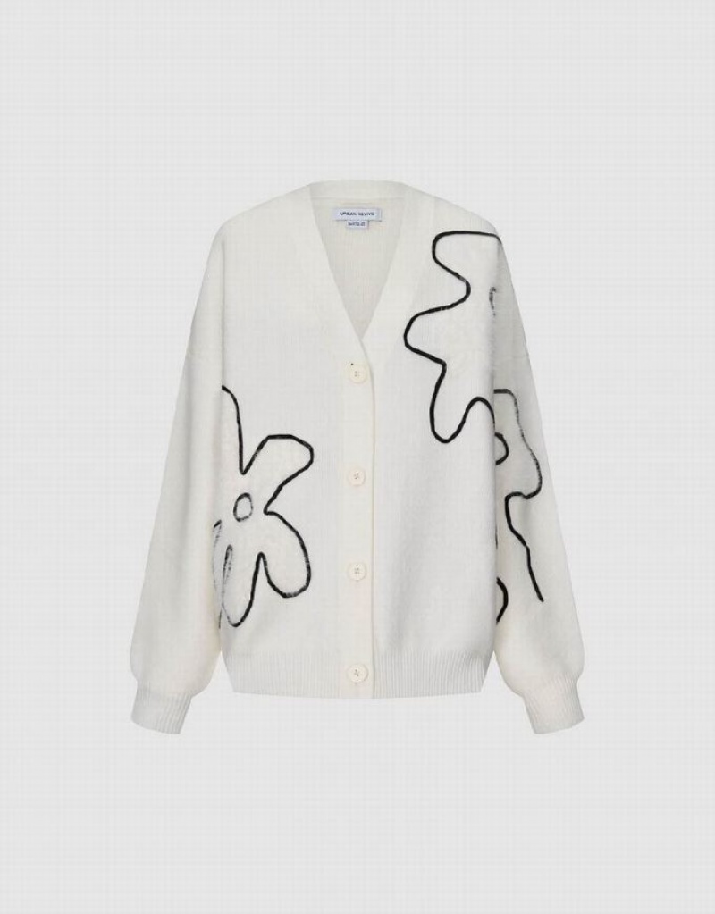 White Urban Revivo Linear Flower V-Neck Knitted Women's Cardigan | IPJNEX-850
