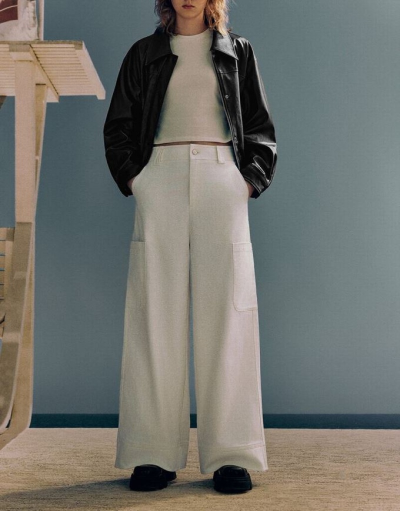 White Urban Revivo Loose Straight Women's Pants | UZJHLM-952