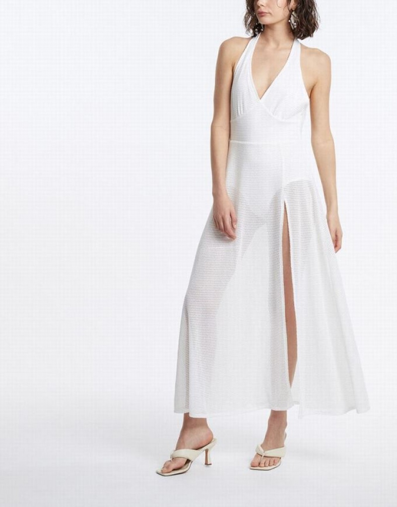 White Urban Revivo Maxi Halter Women's Maxi Dress | TPBKVD-356