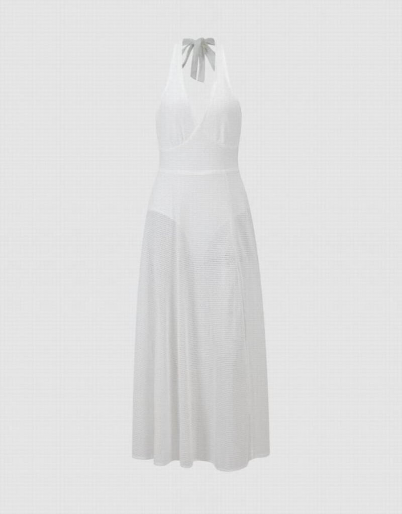 White Urban Revivo Maxi Halter Women\'s Maxi Dress | TPBKVD-356