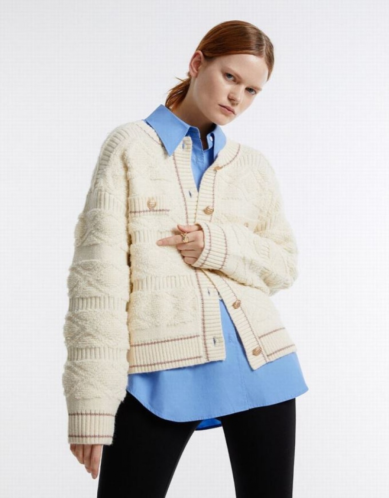 White Urban Revivo Metallic Button Textured Women's Cardigan | EYIGSL-278