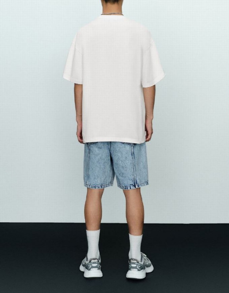 White Urban Revivo Monster Printed Crew Neck Men's T-Shirts | ZMOYFI-407
