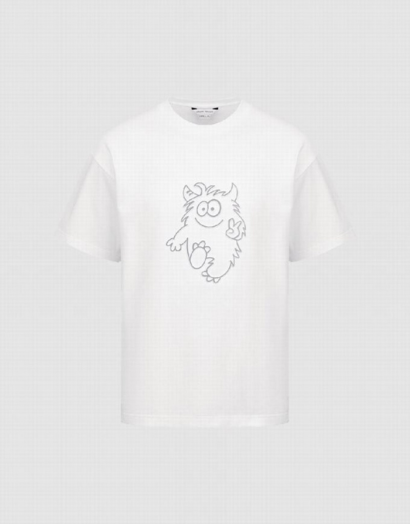 White Urban Revivo Monster Printed Crew Neck Men\'s T-Shirts | ZMOYFI-407