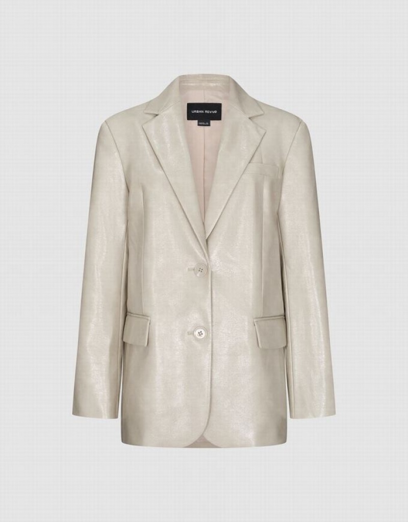 White Urban Revivo Notch Lapel Vegan Leather Straight Women's Leather Jackets | CEZGRI-018