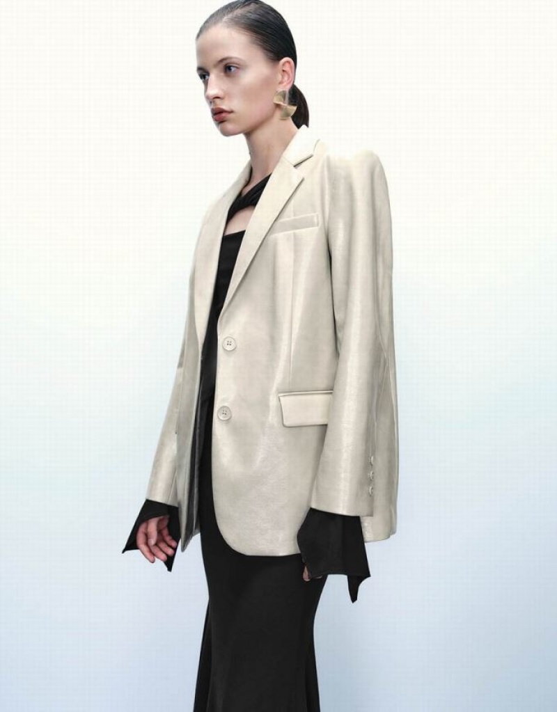White Urban Revivo Notch Lapel Vegan Leather Straight Women's Leather Jackets | CEZGRI-018