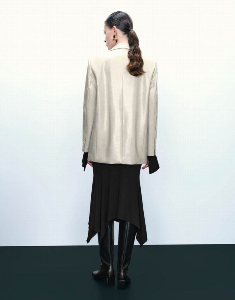White Urban Revivo Notch Lapel Vegan Leather Straight Women's Leather Jackets | CEZGRI-018